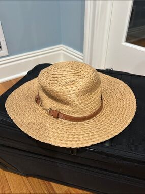 Vince Camuto Straw Sun Hat with Brown Leather Band - Adjustable Size